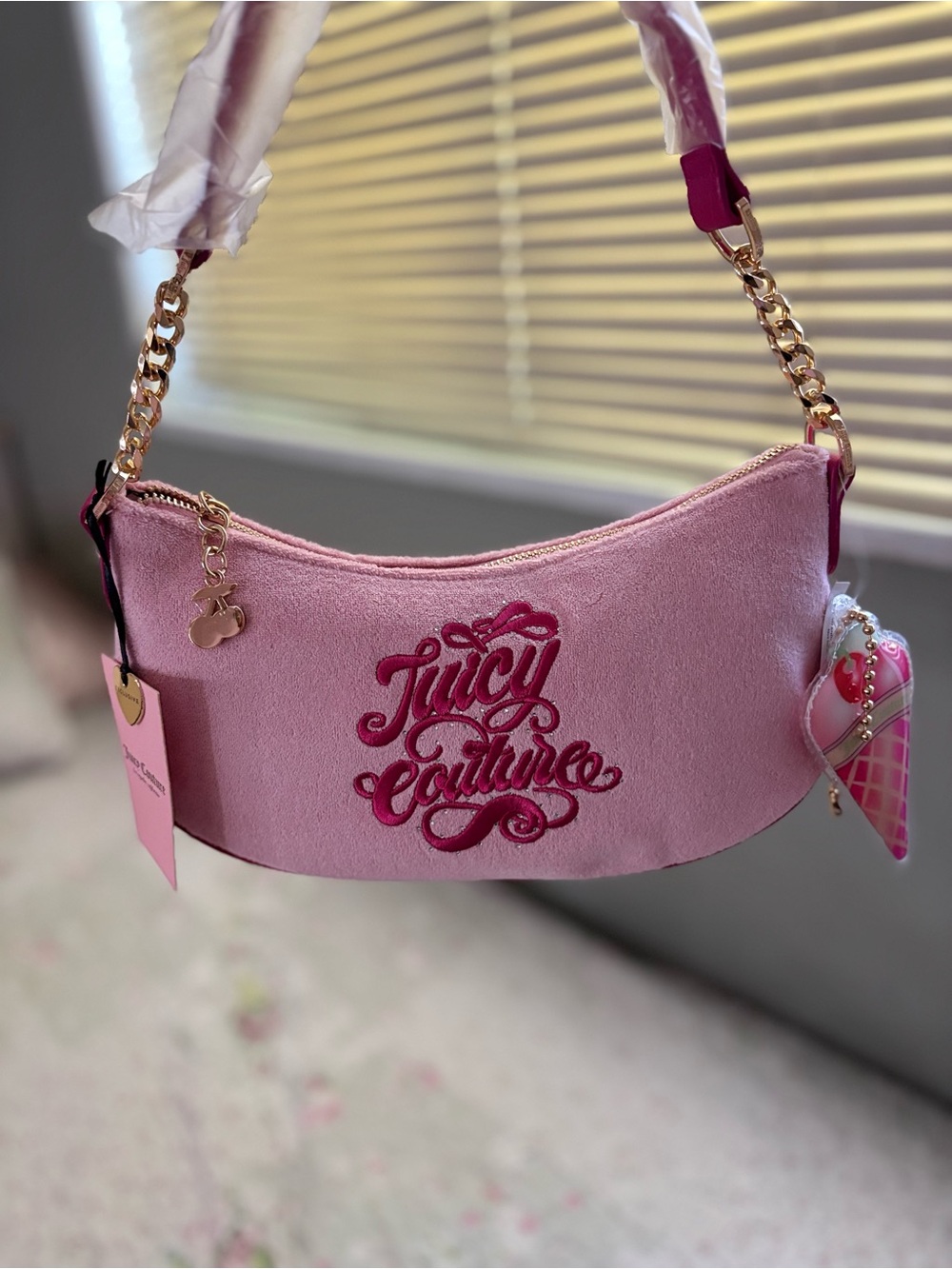 Juicy Couture Pink Suede Shoulder Bag with Gold Chain